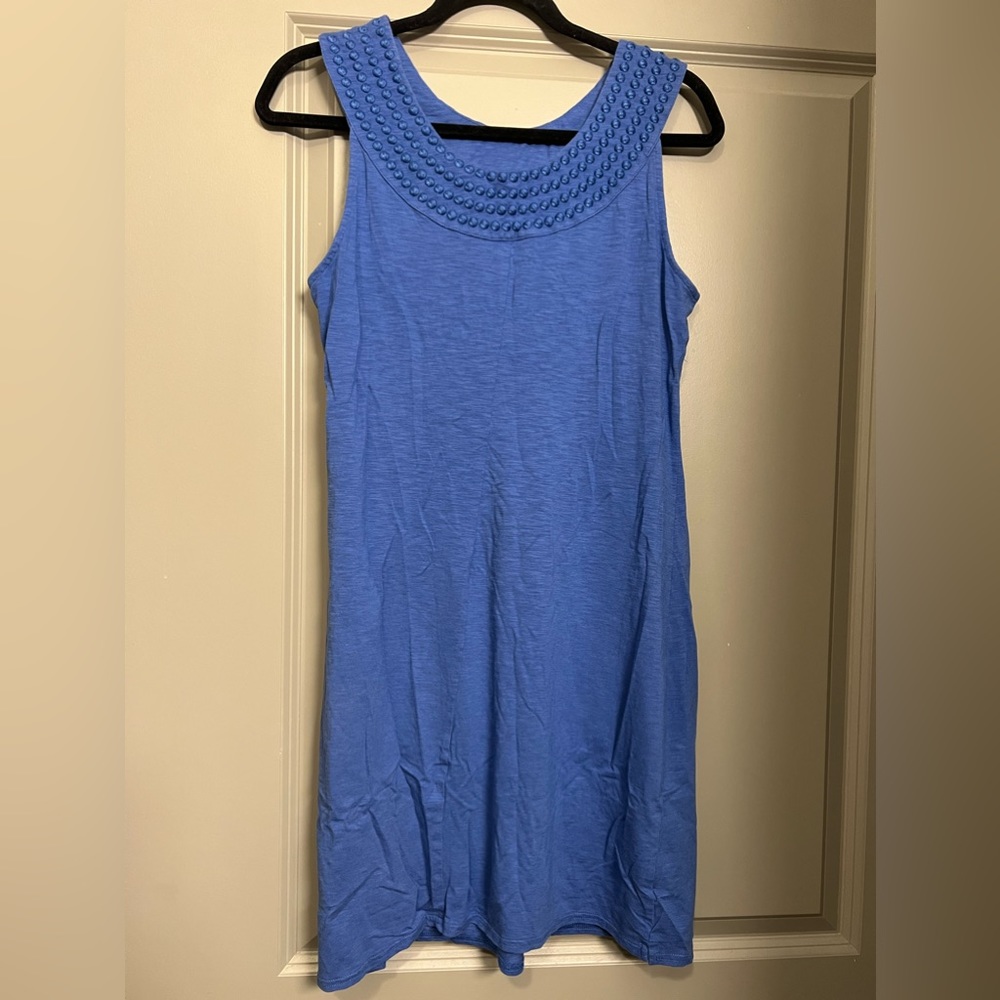 GUC Tommy Bahama Pearl Embroidered Blue Sleeveless Shift Dress Size Small